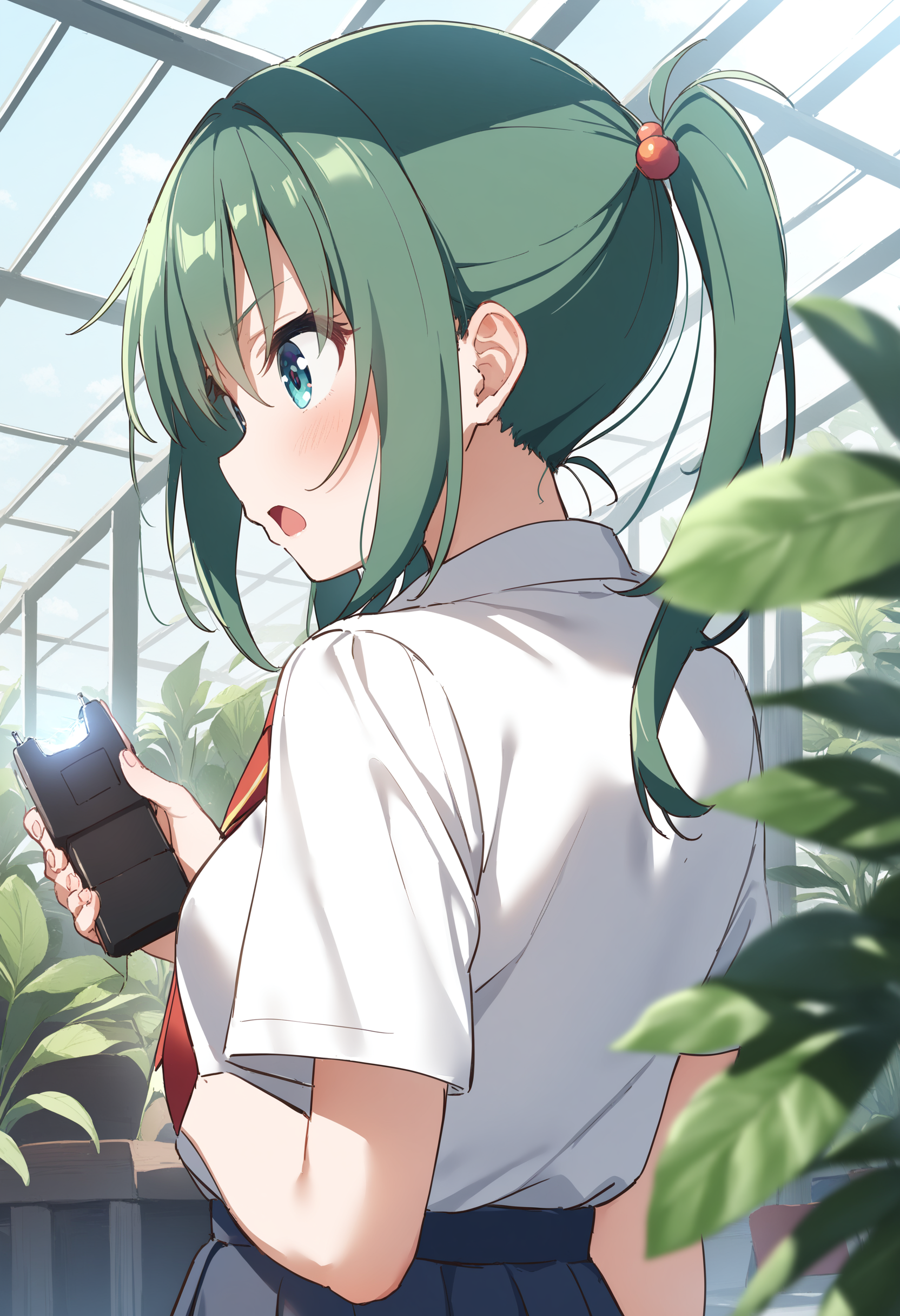 1girl,sincos, ningen mame, toosaka asagi,solo,medium breasts,school uniform,
stun gun, holding,<lora:stungun_XL_v1:0.8>
from behind, upper body, looking ahead, green hair, aqua eyes,confused, greenhouse, open mouth, tri tails hair,,
best quality, very aesthetic, absurdres
