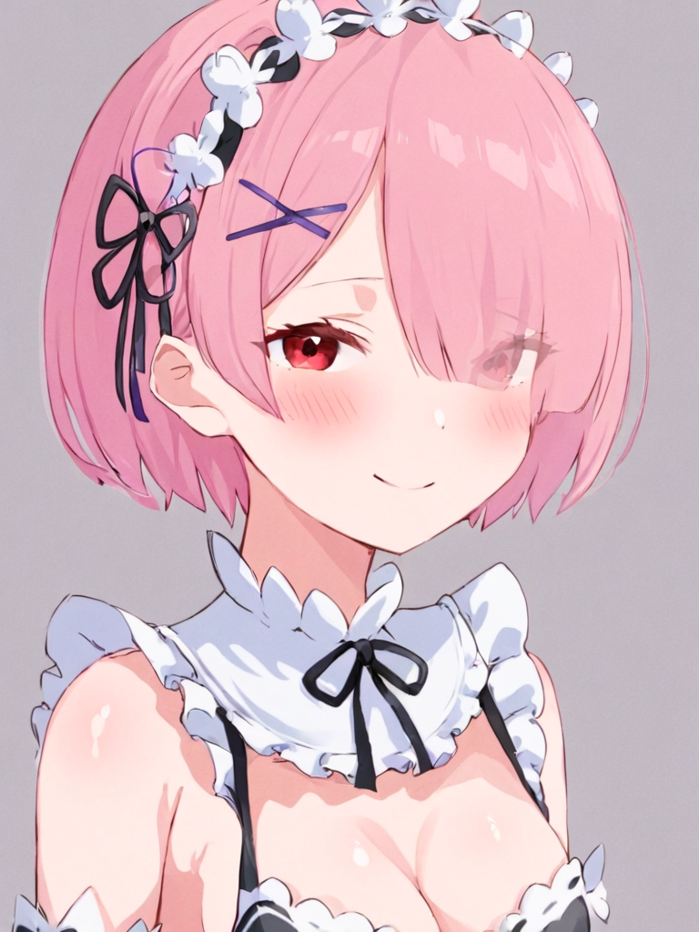 <lora:ram:1>,1girl, ram_\(re:zero\), solo, short_hair, pink_hair, hair_over_one_eye, hair_ornament, ribbon, looking_at_viewer, x_hair_ornament, blush, roswaal_mansion_maid_uniform, maid, hair_ribbon, bangs, purple_ribbon, closed_mouth, cleavage, breasts, grey_background, maid_headdress, neck_ribbon, smile, upper_body, black_ribbon, bare_shoulders, red_eyes