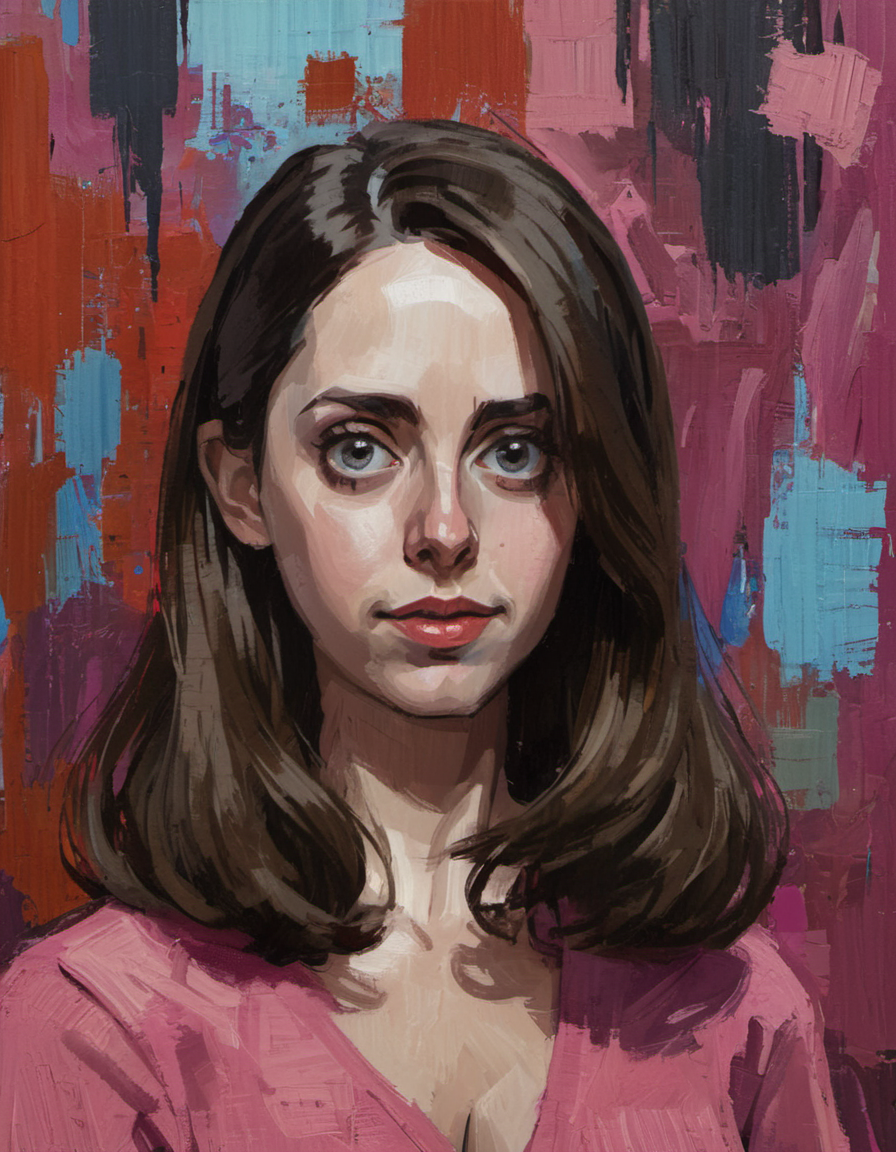 portrait painting of Alison Brie, abstract background,  <lora:DiscoDeliriumXL-v1.2:1>