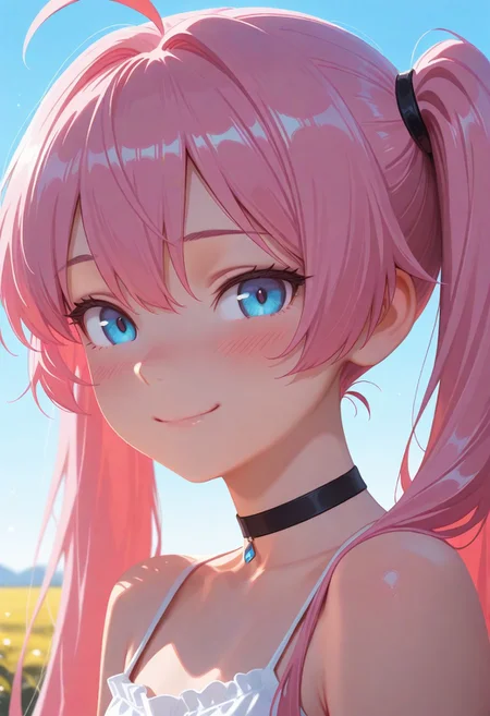 masterpiece, best quality, amazing quality, realistic, vibrant colour, (no lineart:1.5), BREAK, 1girl, 25 years old, 
detailed face, portrait, face focus, depth of field, looking at viewer, blush, shy smile, 
blue eyes,
pink hair, twintails, very long hair, ahoge, black choker, 
white camisole, 
blue sky, outdoors, looking at viewer,