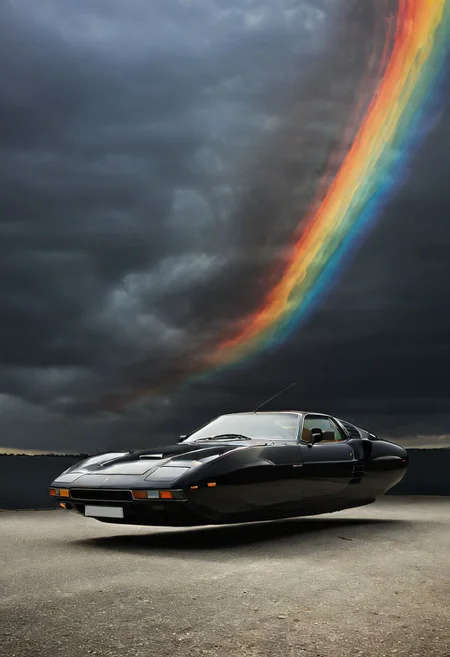 rearview, action shot, low angle view, Made of bold lines, vertical lines, 3d deep depth effect, Stretching shadows, Flying hovering Car, a Vintage hovering super car, Hovering_Car, A road stretches behind her head, colorful depth of lenticular, bold lines async, deep blacks,