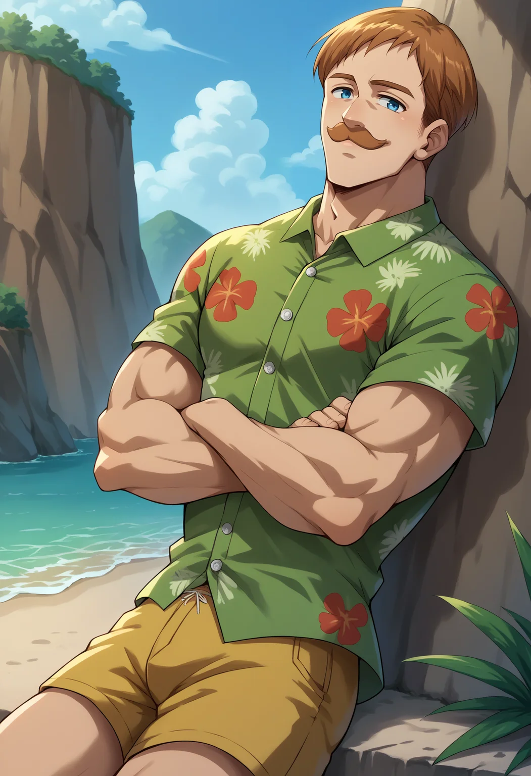 score_9, score_8_up, score_7_up, source_anime, 1boy, solo, Escanor, muscular, short hair, brown hair, mustache, blue eyes, hawaiian shirt, dress shirt, multicolored shirt, shorts, smile, outdoors, beach, <lora:ChamEscanorPonyXL:1>