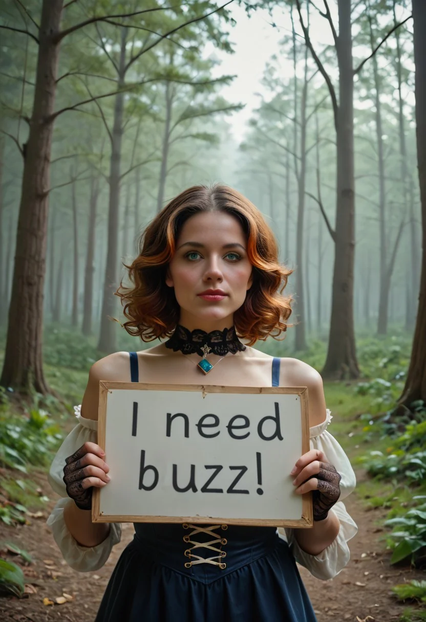 Stable_Yogis_PDXL_Positives, need_buzz, holding sign, Best quality, 1girl, A striking waist-up portrait of a woman with voluminous auburn curls framing her face, her green eyes holding an enigmatic expression as she gazes off to the side. Soft golden light catches the natural highlights in her hair, enhancing its fiery tones. She is holding a sign with text "I need Buzz!".
She wears an elegant off-the-shoulder white gown, its delicate fabric draped gracefully, with sleeves loosely cinched at her upper arms. A sheer lace corset wraps around her waist, and intricate lace gloves extend to her mid-forearm. Around her neck, a Victorian-inspired lace choker with a pale blue gemstone pendant catches the ambient light, with a single silver chain draping down her chest.
The background is a mist-laden forest, soft silhouettes of trees fading into the haze. Light filtering through the trees creates a quiet, ethereal atmosphere. The sepia tones of the mist contrast against her vivid hair and the cool ivory of her gown, emphasizing her striking presence., humor