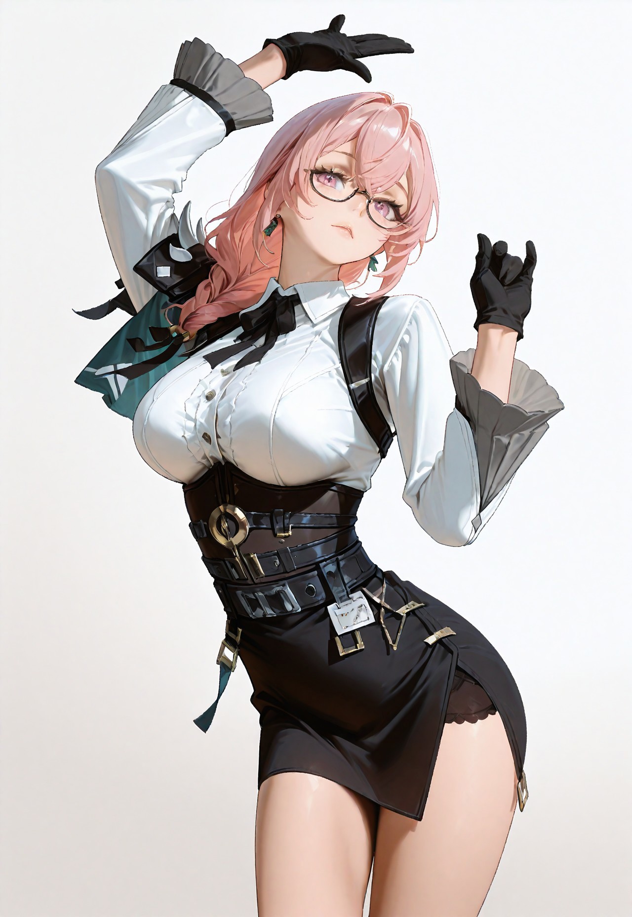 safe_pos, score_9, score_8_up, score_7_up, score_6_up, semi realistic, (au \(d elete\):1.2), 96yottea,masterpiece, best quality, very aesthetic, absurdres,  yngtskchr, large breasts, round breasts, pink eyes, glasses, under-rim eyewear, pink hair, long hair, hair between eyes, sidelocks, braided ponytail, hair ring, ring hair ornament, hair ribbon, green ribbon,shoulder armor, black neck ribbon, white dress shirt, frilled sleeves, black wrist belt, belt around waist, black belt, underbust, high-waist skirt, black skirt, id card, black gloves, black neck ribbon, white dress shirt, frilled sleeves, black wrist belt, belt around waist, black belt, underbust, high-waist skirt, black skirt, id card, black gloves, earrings,refusing pose, looking at viewer, solo, dynamic camera angle, posing, sexy pose, hands up, simple white background, 