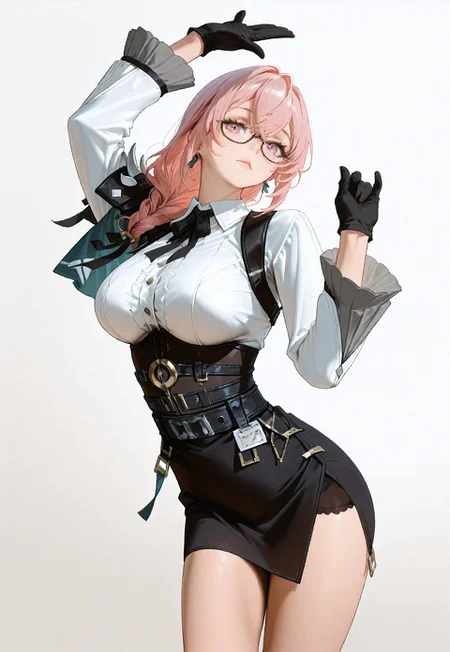 safe_pos, score_9, score_8_up, score_7_up, score_6_up, semi realistic, (au \(d elete\):1.2), 96yottea,masterpiece, best quality, very aesthetic, absurdres,  yngtskchr, large breasts, round breasts, pink eyes, glasses, under-rim eyewear, pink hair, long hair, hair between eyes, sidelocks, braided ponytail, hair ring, ring hair ornament, hair ribbon, green ribbon,shoulder armor, black neck ribbon, white dress shirt, frilled sleeves, black wrist belt, belt around waist, black belt, underbust, high-waist skirt, black skirt, id card, black gloves, black neck ribbon, white dress shirt, frilled sleeves, black wrist belt, belt around waist, black belt, underbust, high-waist skirt, black skirt, id card, black gloves, earrings,refusing pose, looking at viewer, solo, dynamic camera angle, posing, sexy pose, hands up, simple white background, 