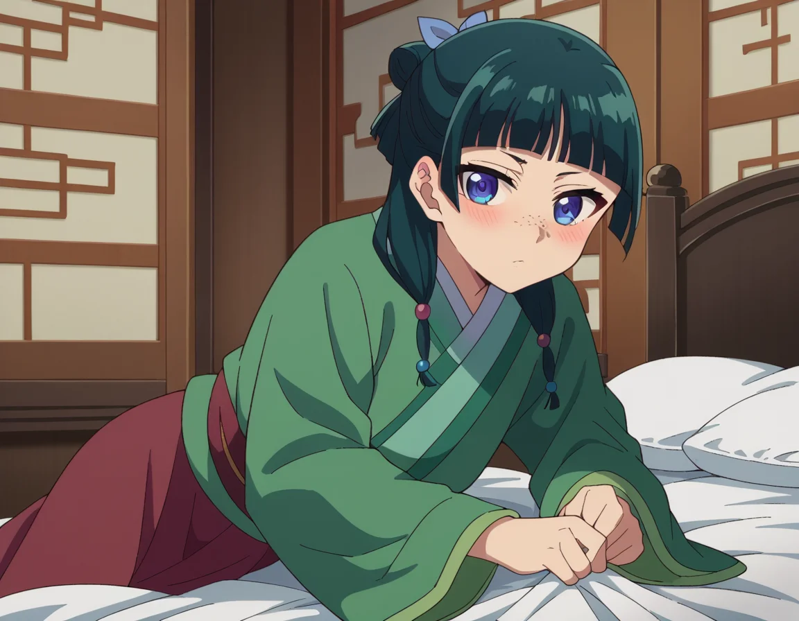 score_9, score_8_up, score_7_up, source_anime,
maomao, <lora:kusuriya-maomao-s1-ponyxl-lora-nochekaiser:1>,
maomao, long hair, bangs, blue eyes, hair ornament, green hair, blunt bangs, freckles, hair bun, single hair bun,
japanese clothes, robe, green robe, long sleeves, wide sleeves, skirt, red skirt,
indoors, bed, bed room, on side, blush, drunk,
looking at viewer, cowboy shot, dutch angle,