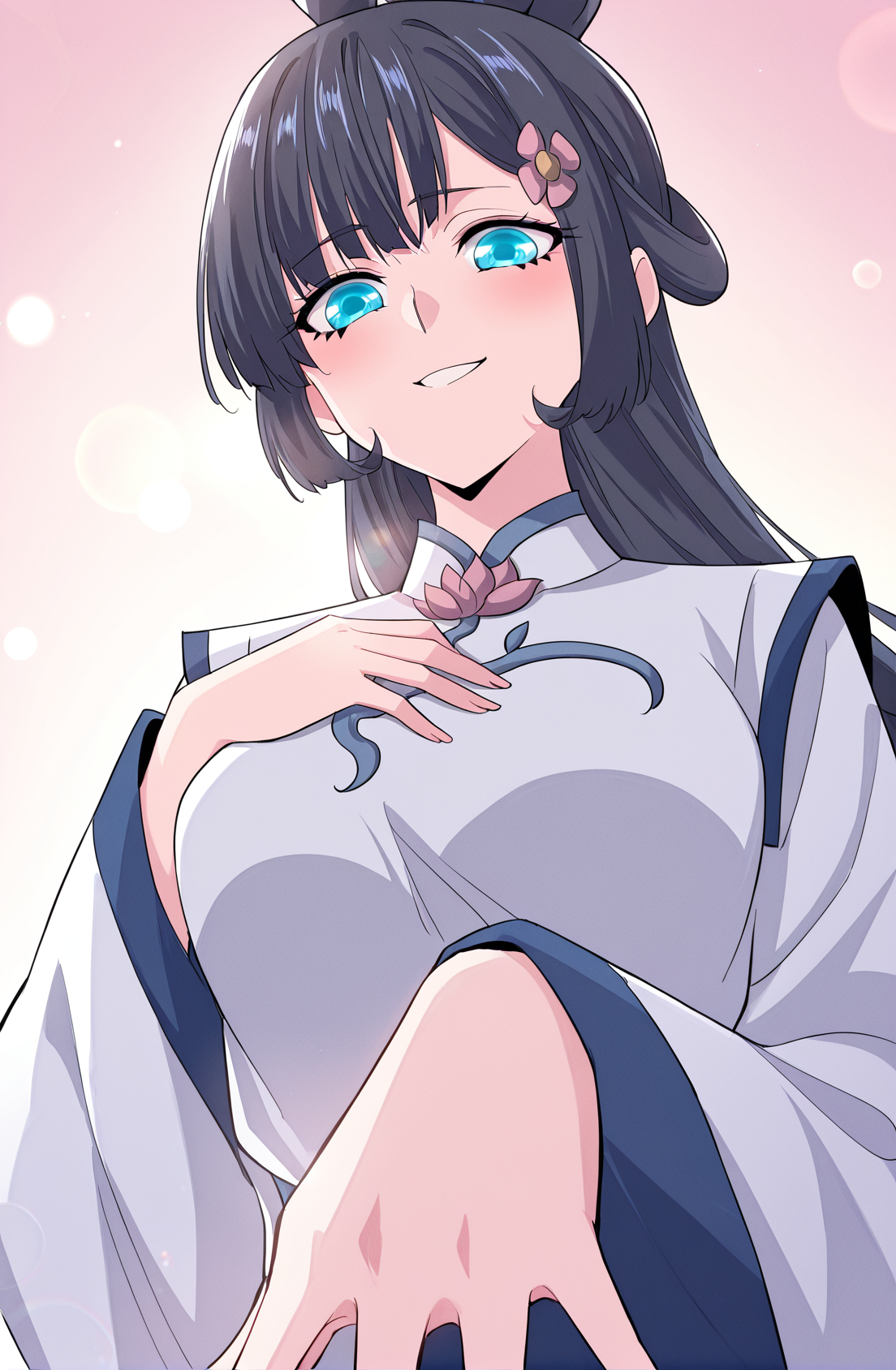 <lora:Yun_Shuang__Demon_Emperor__Illustrious:1>
1 girl, solo, long dark hair, blue eyes, side bangs, hair flower ornament, twin loop bun, 
white and blue hanfu, lotus pattern dress, floral brooch, wide sleeves, high collar, elegant outfit, 
score_9, score_8_up, score_7_up, very aesthetic, source_anime, detailed, high quality, beautiful, detailed eyes, masterpiece, best quality, absurdres, perfect anatomy, dynamic low-angle shot, looking down while smiling brightly, wind blowing through hair, one hand near chest, flushed cheeks, dramatic lighting from behind, glowing rimlight, cinematic lens flare, loose black robe fluttering, sporty outfit underneath, soft pinkish background, ethereal atmosphere, anime style