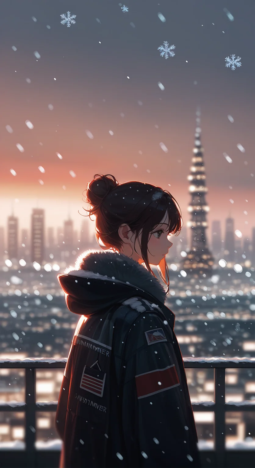 score_9,score_8_up,impressionism,summer,winter,sunset,1girl's back,marvelous,cityscape,depth of field,snowing,
