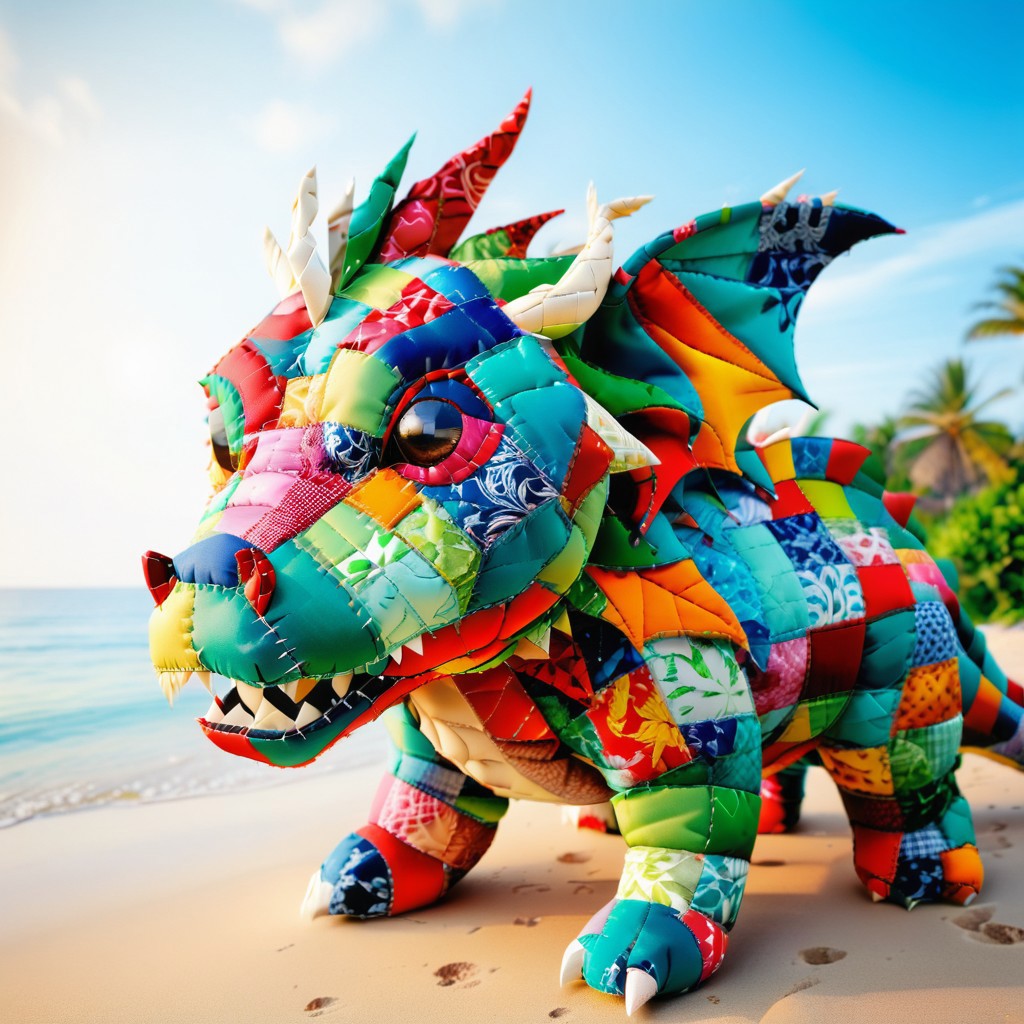 A whimsical close-up shot of a dragon made out of patchwork fabric. The camera frames the dragon's face, its big, round eyes and tiny nose creating an adorable expression. Inspired by Andrei Kolkoutine. ptchkrawk, vibrant colours, tropical beach 4t n1ght