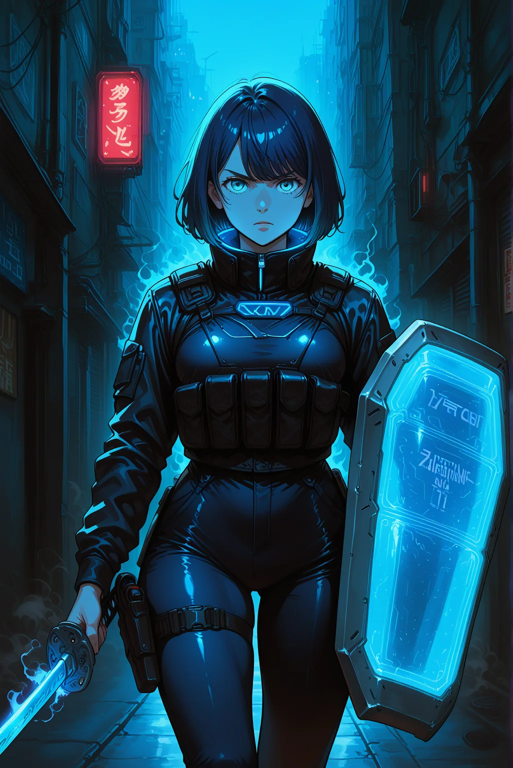 1girl, kurokawa akane, solo, general,
facing viewer, looking at viewer,
cyberpunk, katana, silver blade, holding sword, holding shield, rectangular shield, large shield, energy shield, futuristic, body armor, armor, tactical, high-tech, leather jacket, bulletproof vest, gadgets, thigh holster, serious expresion, glowing clothes, tron, retro, lights on clothing, high collar, glowing collar,
city, alley, night, evening, burning, billboards, neon lights, blue theme, buildings, streetlights, fog, smoke, dark background,
masterpiece, best quality, depth of field, highres, absurdres, newest