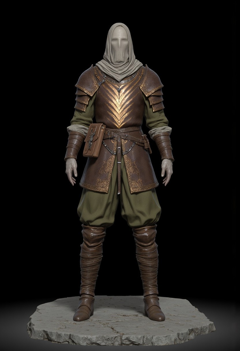 Bandit dressed in a medieval fantasy  Adventurer Set 
 wearing distinctive layered armor. The character has a sturdy leather breastplate decorated with an eye-catching chevron pattern in copper or bronze tones. Their outfit consists of olive green padded clothing underneath, with short pants and wrapped arm guards. A light head wrapping and simple circlet protect their head, while practical leather boots complete the outfit. The armor design suggests a blend of protection and mobility, suited for traversing rough terrain. The color palette harmonizes earthy tones - browns, greens, and copper. The overall style appears influenced by fantasy RPG character design, with a practical adventurer's aesthetic that balances form and function.
 Their face is obscured by shadows.
Standing on a flat gray ground  and black background, the camera angle is high rotated at a 45 degree angle
Set against a solid dark black color background to emphasize its unnatural form that emphasizes its silhouette. The medium is not a traditional painting or illustrative medium like watercolor or ink but rather a digital 3D rendering.
MikeFranchinastyle, bbstyle,, horror theme,, ZBClay model of a gray sculpture, zbrush, d4arks0uls, overcast lighting, jedioutfit