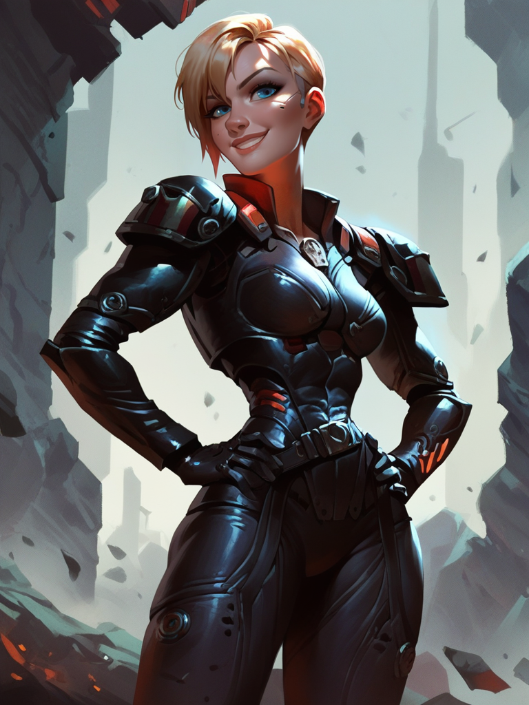 score_9, score_8_up, score_7_up, 1girl, dynamic pose, cowboy shot, cyberpunk city, light smile, looking at viewer, daylight, sexually suggestive, hands on hips, from side, 
 <lora:ASergeantCalhoun_character:0.8>, SergeantXLP, blonde hair, short hair, blue eyes, armor, shoulder armor, bodysuit, solo, cartoon, <lora:Bonifasco_PonyXL_v1:0.6>