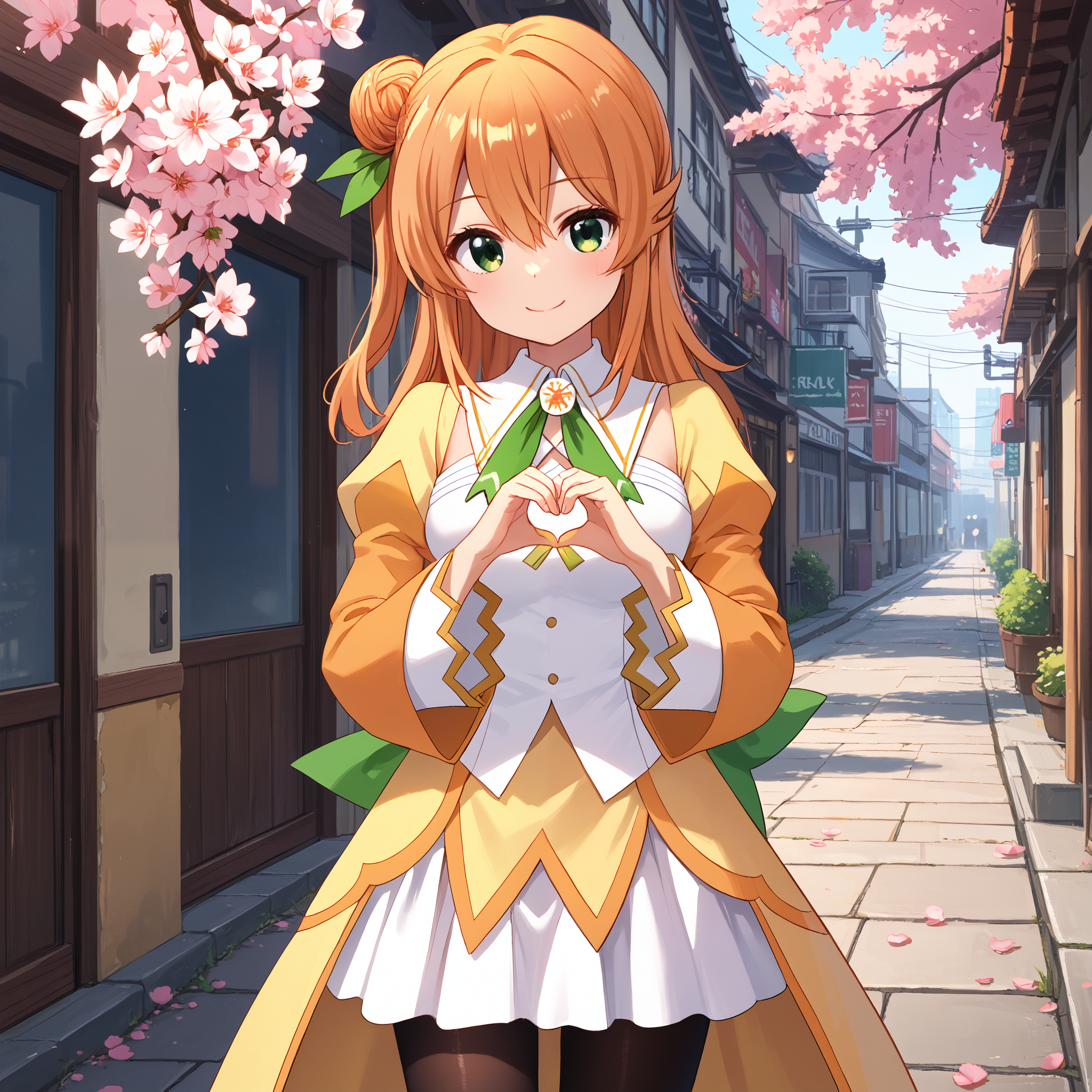 score_9, score_8_up, score_7_up, score_6_up, score_5_up, score_4_up, BREAK source_anime, look at viewer, rating_safe, 1girl, solo, city, cherry blossom, standing, heart hands, smiling, masterpiece, best quality, high detailed skin,  hinatsuki mikan, single hair bun, long hair, orange hair, green eyes, magical girl, leaf hair ornament, long sleeves, neck ribbon, yellow dress, green bow, juliet sleeves, white skirt, waist cape, miniskirt, black pantyhose,