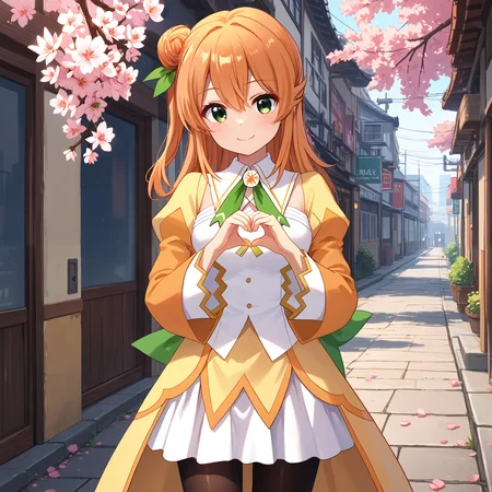 score_9, score_8_up, score_7_up, score_6_up, score_5_up, score_4_up, BREAK source_anime, look at viewer, rating_safe, 1girl, solo, city, cherry blossom, standing, heart hands, smiling, masterpiece, best quality, high detailed skin, hinatsuki mikan, single hair bun, long hair, orange hair, green eyes, magical girl, leaf hair ornament, long sleeves, neck ribbon, yellow dress, green bow, juliet sleeves, white skirt, waist cape, miniskirt, black pantyhose,