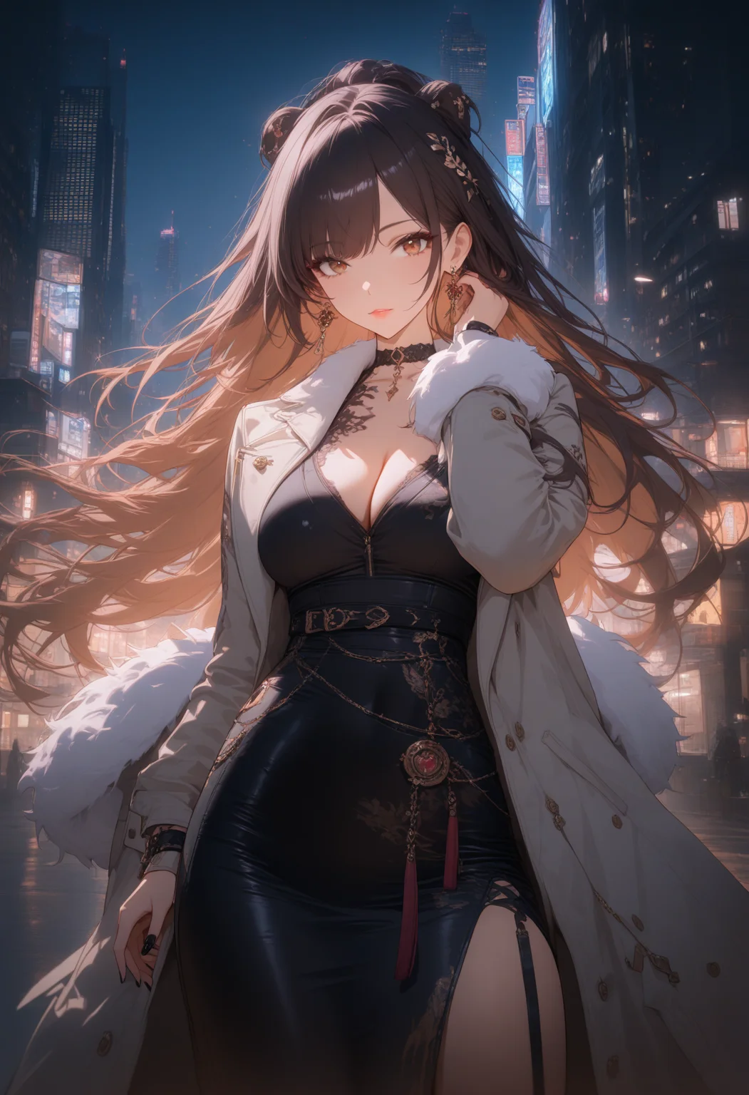 1girl,  1girl,animal ears,breasts,brown eyes,building,choker,city,cleavage,coat,cowboy shot,earrings,fur trim,jacket,jewelry,lips,long hair,medium breasts,nail polish,skirt,solo,black,a character portrait,private press,. ,masterpiece,high score,great score,absurdres,, <lora:Waifu Style-Du Qiong:0.25>,Du Qiong,, <lora:Dark Concept Art-000005:0.0>,dark aura,dark,