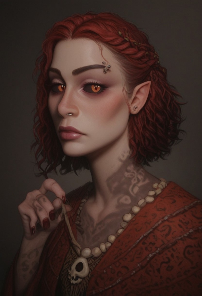solo, bosmer, feminine, photorealistic, semirealistic, eerie and wild, piercing gaze, asymmetrical elongated ears, snake-like pupils, dark crimson sclera, medieval fantasy, tribal spellcaster, ritualistic bone jewelry, dried herbs woven into hair, tangled locks with bloodstained feathers, layered moss-draped robes, long clawed fingers stained with herbal ink, arcane symbols glowing on skin, holding a gnarled wooden staff, deep crimson war paint streaked across cheeks, standing before a bubbling cauldron, eerie swamp in the background, bioluminescent mushrooms glowing softly, cinematic lighting, rich textures, high realism