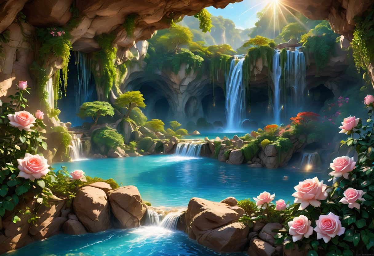 (award winning photo)of  a cave surrounded by gemstones in the distance you can see a water basin with a waterfall blue roses grow by the basin the light from the gemstones with which the wall is decorated falls on the water and casts shadows on the rose petals the atmosphere of the picture is magical and warm,(masterpiece, best quality),(sharp focus:1.2),(photorealistic),(intricate details),unity 8k wallpaper,ultra detailed,glow particle, ultra detailed face,ultra detailed eyes