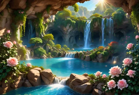 (award winning photo)of  a cave surrounded by gemstones in the distance you can see a water basin with a waterfall blue roses grow by the basin the light from the gemstones with which the wall is decorated falls on the water and casts shadows on the rose petals the atmosphere of the picture is magical and warm,(masterpiece, best quality),(sharp focus:1.2),(photorealistic),(intricate details),unity 8k wallpaper,ultra detailed,glow particle, ultra detailed face,ultra detailed eyes
