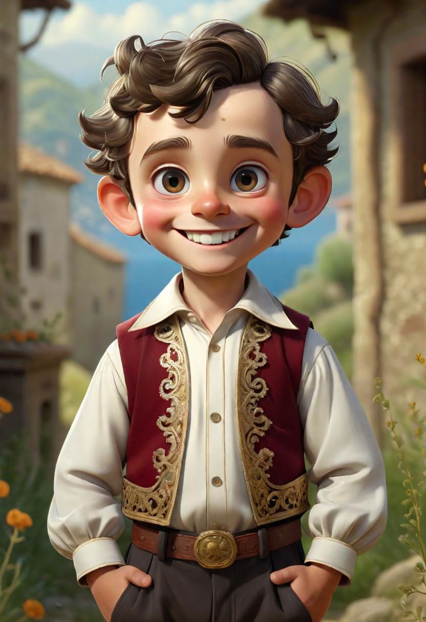 (((masterpiece:1.7))), (((randomly picked cute male child_1.8))), (smiling and happy:1.5),  (full-body shot:2), (traditional male costume of Calabria from Arbereshe Community), filigree, 8k, cartoon digital illustration, cute big pixar reflective eyes, unreal engine cinematic smooth, dreamlike, intricate detail, oil on canvas by Mark Ryden, golden ratio, perfect composition, UE5, trending on artstation and cgsociety, soft natural volumetric cinematic perfect light, award-winning photograph, by Anno1313 art style, --chaos