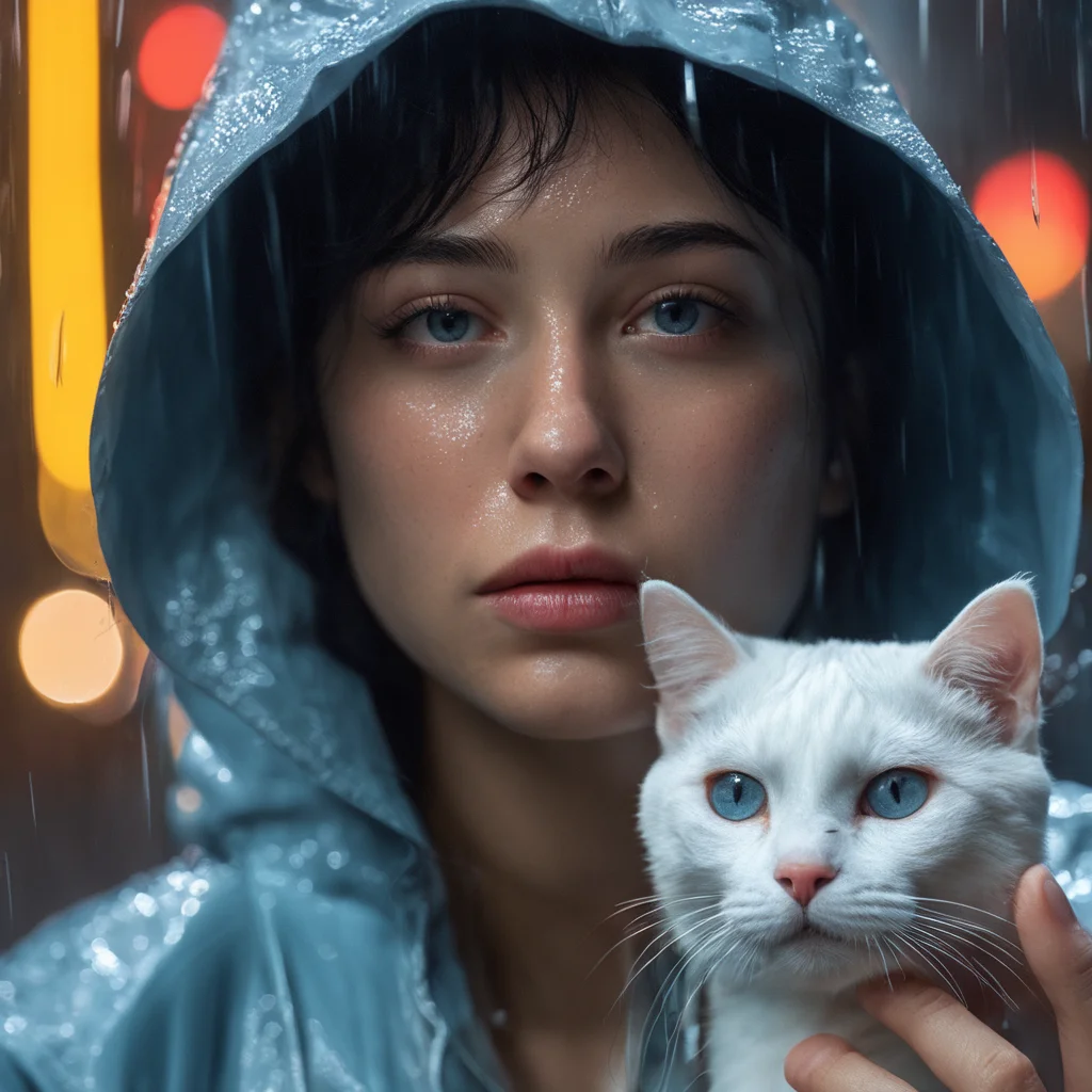 RAW photo, (photo flash:1.5) (fashion photography) (pictorialist style), fashion shot, realistic photo style, sharp focus,
(full body shot) of a 20 yo girl with ice blue hair in future clothes, angry or crying and sad looking, tearful and open-mouthed, reveal sorrow, open mouth, teary, tear, sorrow, crying, transparent liquid, water tears, glass tears, cute face, eye level, focus on eyes,
she ist wearing a sleek metallic jumpsuit with holographic accents, LED-lit seams, form-fitting silhouette, iridescent fabric, touch-responsive panels, adaptive color-changing, avant-garde asymmetry, integrated tech accessories, gravity-defying drapes, translucent mesh inserts, biomimetic textures, 3D-printed details, energy-efficient materials, microfiber sensors, minimalist cutouts, modular layering, neural interface compatibility, solar-charging capabilities
She is holding a white cat, rain, wet fur, water droplets, puddles, drenched, shimmering, damp paws, misty air, whiskers glistening, gray skies, reflective eyes, soggy whiskers, damp nose, fur clinging, splashing, damp coat, rainy day, water-soaked, watery world
photo location is a night scene from blade runner movie: moviestill, (bright dazzling neon lights:1.3), futuristic skyline, neon-lit alleys, rain-soaked pavement, towering skyscrapers, gritty urban sprawl, synthetic humans, bustling crowds, holographic billboards, flying vehicles, dimly lit shops, cyberpunk aesthetics, dystopian atmosphere, steamy vents, flickering lights, androids in shadows, moody reflections, artificial intelligence, techno-noir setting, dark mysteries, urban decay, rain-slicked streets, augmented reality, electronic hum, metropolitan dystopia, eerie silence, urban isolation, polluted skies, neon glow, tech-enhanced crime, melancholic undertones, enigmatic figures, uncertain future, digital billboards, glimmering advertisements, corporate dominance, haunting alleys, tech noir ambiance, abandoned corners, cybernetic implants, forbidden desires, existential questions, artificial lifeforms, ethereal music, looming architecture
dappled light on face, pale skin, no make-up, detailed face and eyes, natural skin texture, (highly detailed skin:1.1), (textured skin:1.1), (skin pores:1.1), (oiled shiny skin:0.5), (skin blemish:1.2), (imperfect skin:1.1), intricate skin details, visible skin detail, detailed skin texture, detailed eyes, round iris, remarkable detailed pupils, light reflections in her eye, visible cornea, highly detailed iris, tiny blood vessels in the eye, small freckles, wrinkles, pimples, beauty spot, <lora:polyhedron_all_sdxl-000004:0.7>
celluloid's unique character, film grain, (no depth of field:1.5), movie shot with (panavision panaflex gold camera:1.1) on (celluloid:1.2), shot by ridley scott, shot by Denis Villeneuve, best quality, masterpiece, ultra high res, (photorealistic:1.4), 8K raw photo, professional photography, award winning photo, ((light)) photography