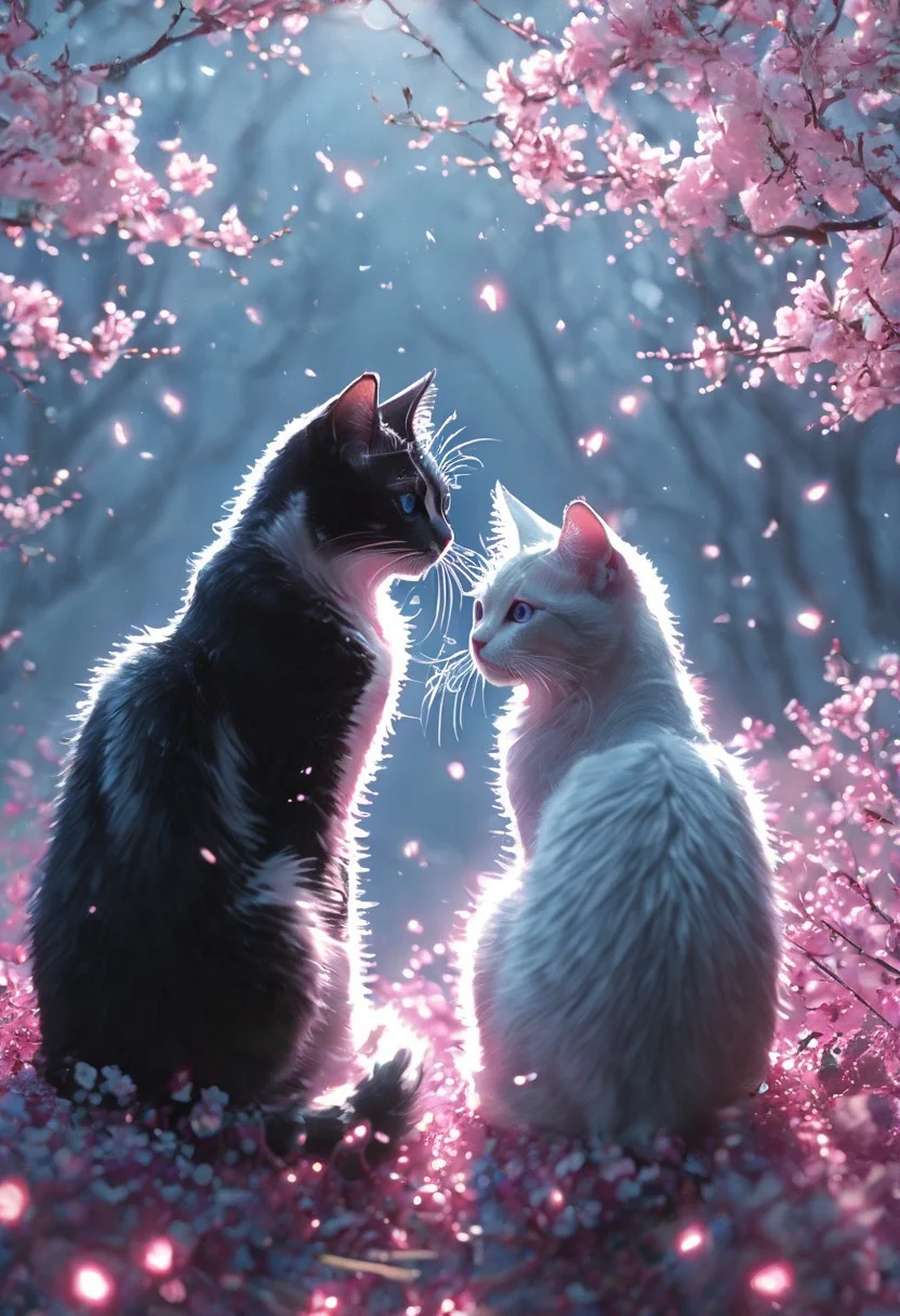 A monochromatic, black-and-white photograph of two cats sitting on a tree branch, facing each other in an intimate and harmonious pose. The left cat is black, while the right cat is white, creating a striking contrast. They are surrounded by delicate, blooming branches with small flowers, adding a serene and romantic atmosphere. The background is softly blurred, focusing the viewer's attention on the cats and their interaction. The lighting is soft, emphasizing the texture of their fur and the gentle ambiance of the scene.
<lora:Anime v1.3:1.2> <lora:Blue_Future:0.9> <lora:Ethereal Brush Anime v2.0:0.6> <lora:It's a LoRA for portraits, BUT! actually specialized in backgrounds. v1.0:0.2>,pink heart in front of them, white sphere on the background, ethereal glowing swirls, mystical light particles, dreamy atmosphere, vibrant neon mist, twilight city street, hyper-detailed fabric texture, soft illuminated fog, cinematic soft lighting, glowing blue and magenta hues, fantasy realism, enchanted night