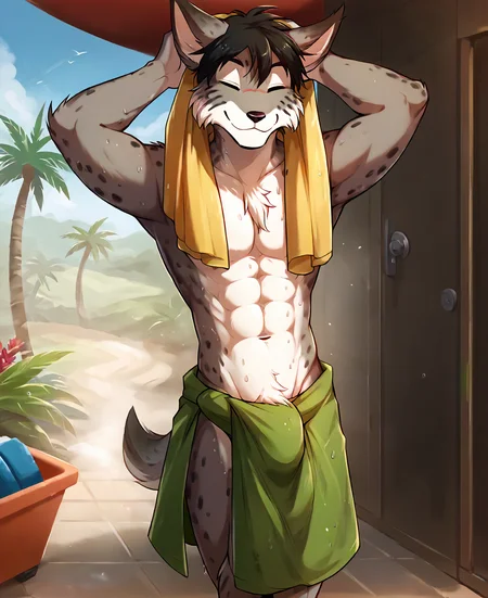 score_9, score_8_up, score_7_up, score_6_up,source_furry,rating_explicit, (1boy, solo,:1.4) male, muscular, wet fur, wet hair, walking out of shower, towel around waist, (hands in hair:1.3), eyes closed, fluffy tail, beach hut, tropical, palm tree,<lora:AliceReed_TwoKinds_PDXL_epoch_5:1>, tkalice, anthro, mammal, grey fur, black hair, white fur, green eyes,