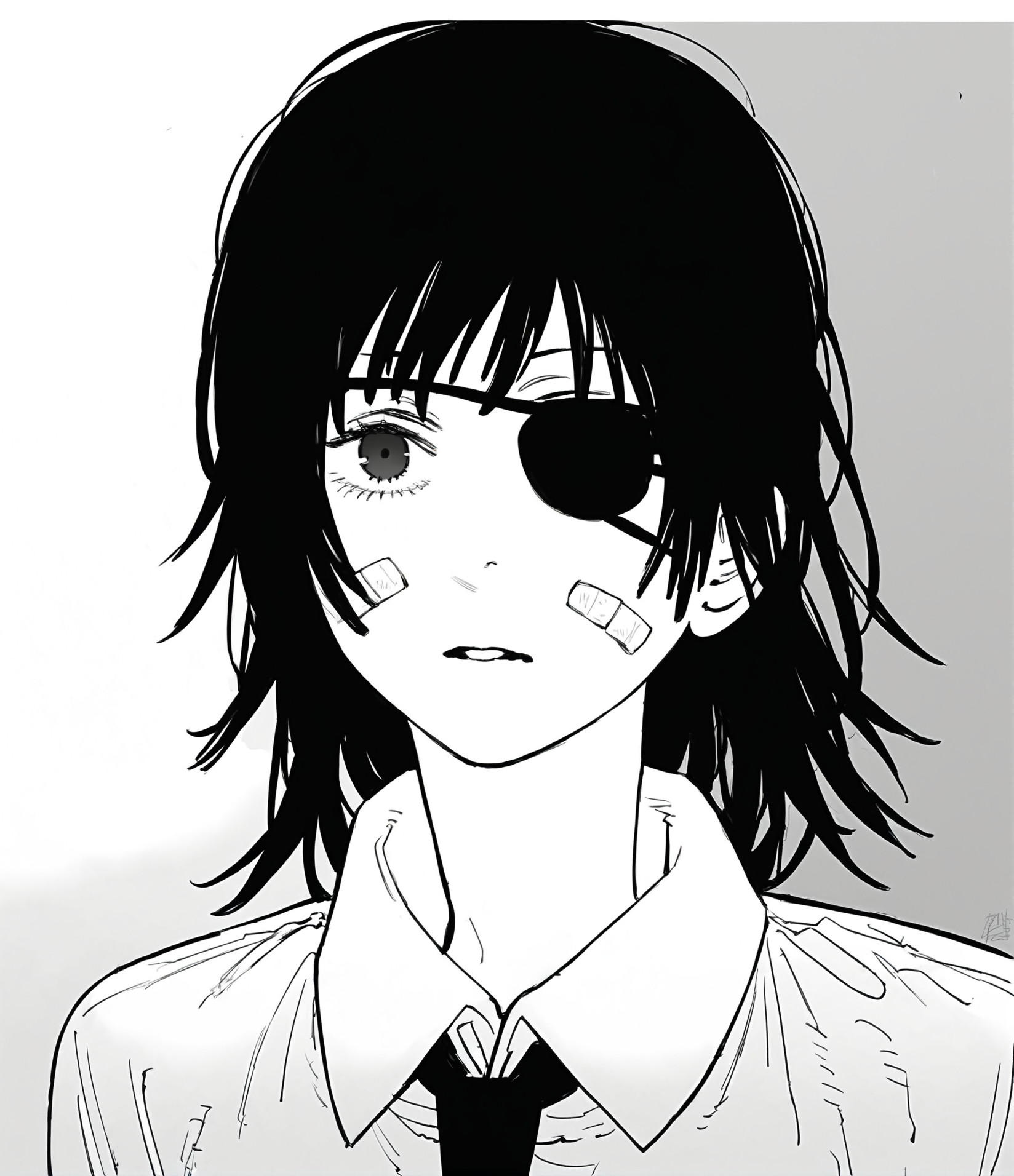 score_9, score_8_up, score_7_up, score_6_up, score_5_up, score_4_up, 2d, sketchy, manga, <lora:Fujimoto_chainsawman:1> fujichai, fujichai, 1girl,solo,long hair,looking at viewer,simple background,shirt,white background,monochrome,greyscale,parted lips,collared shirt,bandages,eyepatch,bandage over one eye,himeno (chainsaw man), long hair, black hair BREAK source_anime
