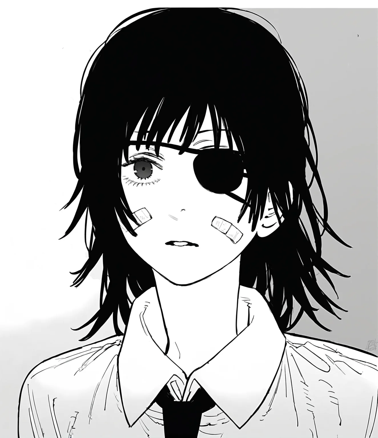 score_9, score_8_up, score_7_up, score_6_up, score_5_up, score_4_up, 2d, sketchy, manga, <lora:Fujimoto_chainsawman:1> fujichai, fujichai, 1girl,solo,long hair,looking at viewer,simple background,shirt,white background,monochrome,greyscale,parted lips,collared shirt,bandages,eyepatch,bandage over one eye,himeno (chainsaw man), long hair, black hair BREAK source_anime