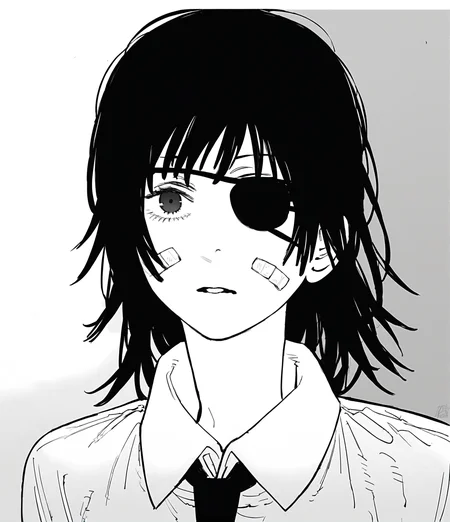 score_9, score_8_up, score_7_up, score_6_up, score_5_up, score_4_up, 2d, sketchy, manga, <lora:Fujimoto_chainsawman:1> fujichai, fujichai, 1girl,solo,long hair,looking at viewer,simple background,shirt,white background,monochrome,greyscale,parted lips,collared shirt,bandages,eyepatch,bandage over one eye,himeno (chainsaw man), long hair, black hair BREAK source_anime