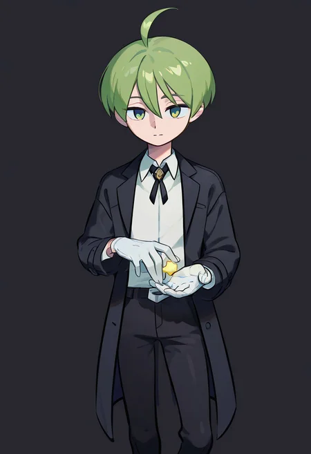 1 boy,
score_9, score_8_up, score_7_up, masterpiece, best quality, amazing quality, best aesthetic, ,absurdres,intricate details, aaron, green eyes, green hair, ahoge, <lora:EMS-380018-EMS:1.000000>
20-year-old man wearing a classic plain white dress shirt under a long, elegant black Chester coat. He is in the middle of putting on a pair of pristine white gloves, creating a refined and cool atmosphere. The background is completely white and minimalistic to emphasize the outfit. His pose is natural and confident, capturing the moment he gently slips his fingers into the glove. The lighting is soft, highlighting the texture of the coat and gloves. His expression is composed and slightly mysterious, adding a fashionable, high-end look.
Extend one hand forward,