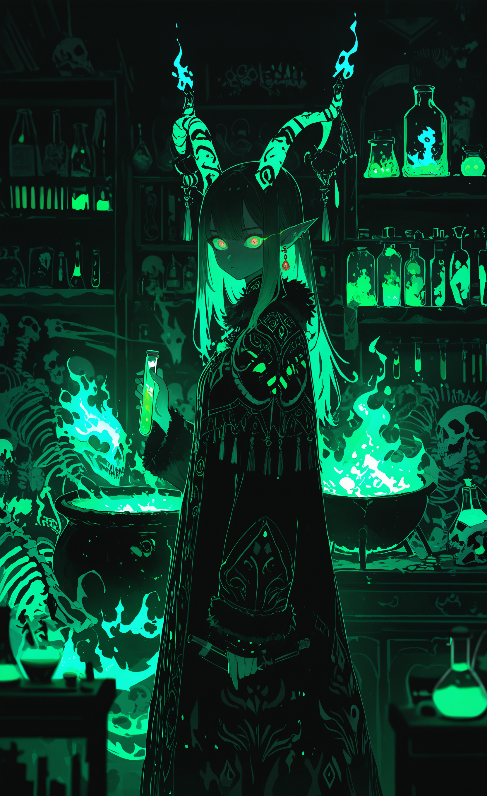 masterpiece, best quality, good quality, very awa, newest, highres, absurdres, 1girl, solo, long hair, looking at viewer, long sleeves, holding, closed mouth, jewelry, standing, green eyes, earrings, horns, green hair, pointy ears, indoors, blurry, cape, fur trim, glowing, fire, tassel, glowing eyes, smoke, skull, magic, horn ornament, dark, shelf, green theme, skeleton, blue fire, jar, test tube, flask, liquid, vial, cabinet, spirit, potion, round-bottom flask, animal skull, goat, cauldron, green fire, limited palette, <lora:illustriousXL_stabilizer_v1.23:0.3> <lora:NOOB_vp1_detailer_by_volnovik_v1:0.3> <lora:ponyv6_noobE11_2_adamW-000017:0.3> <lora:114558v4df2fsdf5:0.6> <lora:XXX667:0.4> <lora:mon_monmon2133:0.5>