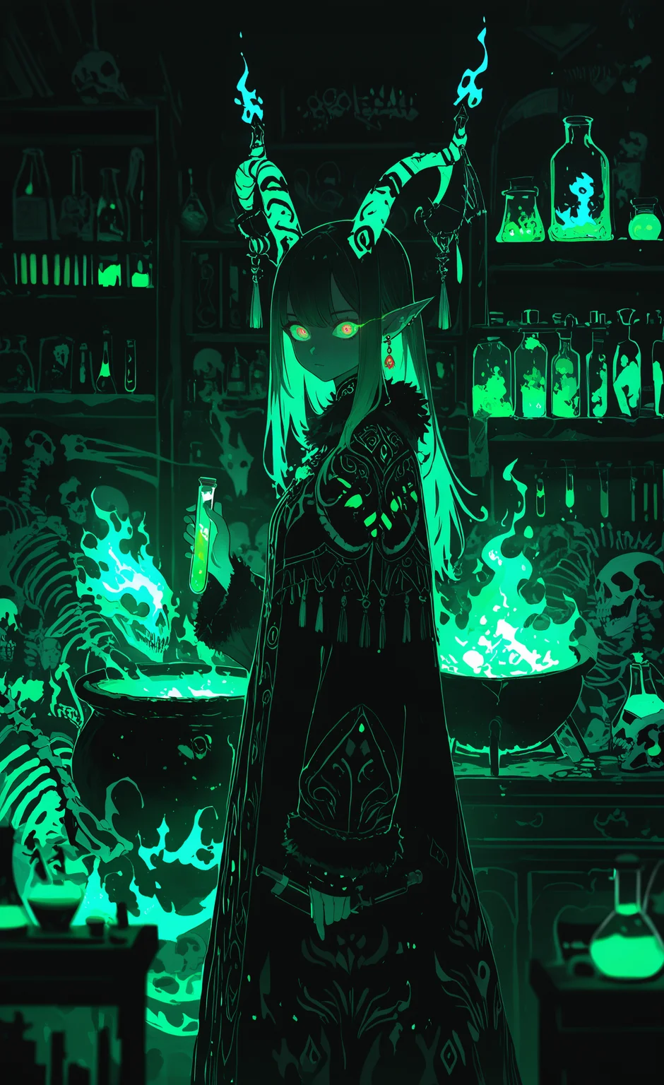 masterpiece, best quality, good quality, very awa, newest, highres, absurdres, 1girl, solo, long hair, looking at viewer, long sleeves, holding, closed mouth, jewelry, standing, green eyes, earrings, horns, green hair, pointy ears, indoors, blurry, cape, fur trim, glowing, fire, tassel, glowing eyes, smoke, skull, magic, horn ornament, dark, shelf, green theme, skeleton, blue fire, jar, test tube, flask, liquid, vial, cabinet, spirit, potion, round-bottom flask, animal skull, goat, cauldron, green fire, limited palette, <lora:illustriousXL_stabilizer_v1.23:0.3> <lora:NOOB_vp1_detailer_by_volnovik_v1:0.3> <lora:ponyv6_noobE11_2_adamW-000017:0.3> <lora:114558v4df2fsdf5:0.6> <lora:XXX667:0.4> <lora:mon_monmon2133:0.5>