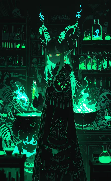 masterpiece, best quality, good quality, very awa, newest, highres, absurdres, 1girl, solo, long hair, looking at viewer, long sleeves, holding, closed mouth, jewelry, standing, green eyes, earrings, horns, green hair, pointy ears, indoors, blurry, cape, fur trim, glowing, fire, tassel, glowing eyes, smoke, skull, magic, horn ornament, dark, shelf, green theme, skeleton, blue fire, jar, test tube, flask, liquid, vial, cabinet, spirit, potion, round-bottom flask, animal skull, goat, cauldron, green fire, limited palette, <lora:illustriousXL_stabilizer_v1.23:0.3> <lora:NOOB_vp1_detailer_by_volnovik_v1:0.3> <lora:ponyv6_noobE11_2_adamW-000017:0.3> <lora:114558v4df2fsdf5:0.6> <lora:XXX667:0.4> <lora:mon_monmon2133:0.5>