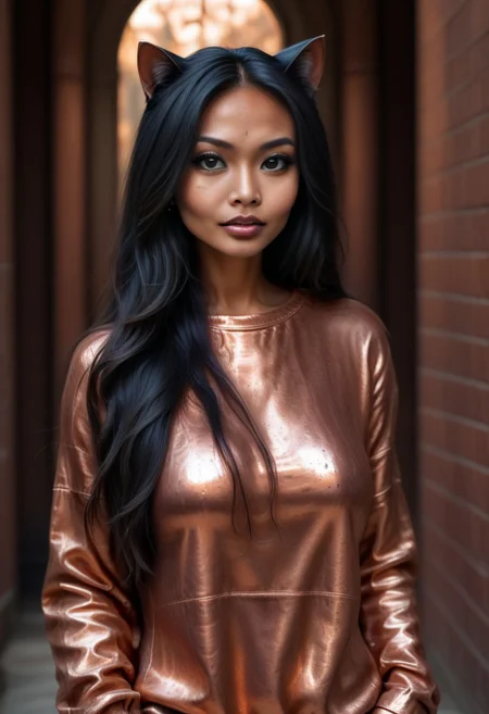 (MadeOfCopper01_CE_SDXL), Cambodian woman, asian features, long hair, huge boobs, small waist, fitness body, toned muscle, wide hips, An extreme photorealistic upper body shot of a cat girl with mesmerizing golden eyes and slit pupils. She has long, flowing two-tone hair, white and black, with striking, unrealistic beauty. Her red lips curve slightly to reveal sharp fangs, and her long fingernails are a key feature of her sleek cat suit. Include tiny imperfections like pores, faint freckles, and slight skin texture variations to add realism. Realistic lip texture with soft lines, slight gloss, and natural color variation. Realistically detailed tear ducts, slightly moist, enhancing the natural appearance of the eyes. Faint, barely visible veins under the eyes, adding depth and authenticity to the skin. Individually rendered eyebrow hairs with natural variation in direction, length, and thickness. Variation in hair strand thickness, with some thinner and finer than others. (copper sweater:2), Shadows that move with the character, responding to her position and the light source accurately, 28 YEARS OLD, wrinkles, cat girl, YELLOW EYES, CAT EYES, denise, catgirl, Gothic castle, lively, luminescent, Majestic castle, big eyes, fully dressed, (shiny copper clothes:2.4).