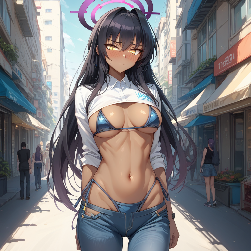 score_9, score_8_up, score_7_up, source_anime, expressive, anime, Artist speedlines, dynamic, 1woman, (Karin_(Blue Archive)), (dark-skinned_female:1.2), yellow eyes, meme_attire, (bikini_jeans:1.0), pants, panties, side-tie panties, highleg_bikini, clothing cutout, denim, lowleg_pants, denim_bikini,blush, blushing, embarrassed,  b3hindcurt4in, outdoors, urban, sunlight, light filtering,