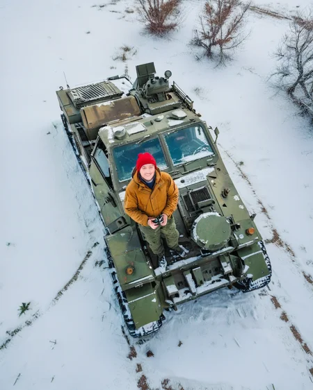 vertical perspective aerial photography,highres,clear face, realistic,in winter,lying up on top of abandoned military vehicles to take selfies,
