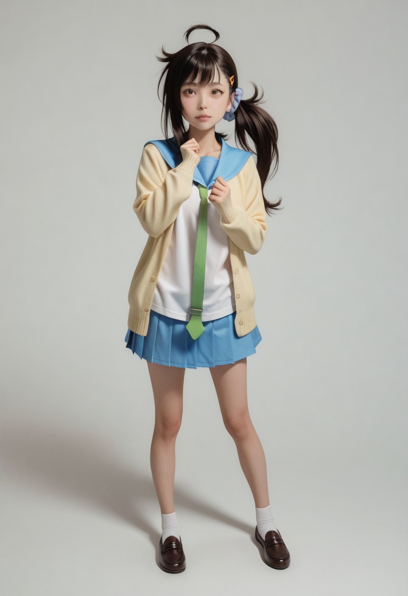 Score_8_up, score_7_up, Score_9,1girl, deraharu, ahoge, side ponytail, hair scrunchie, hairclip, short hair,blue sailor collar, school uniform, yellow cardigan, open cardigan, necktie, blue pleated skirt,full body, standing