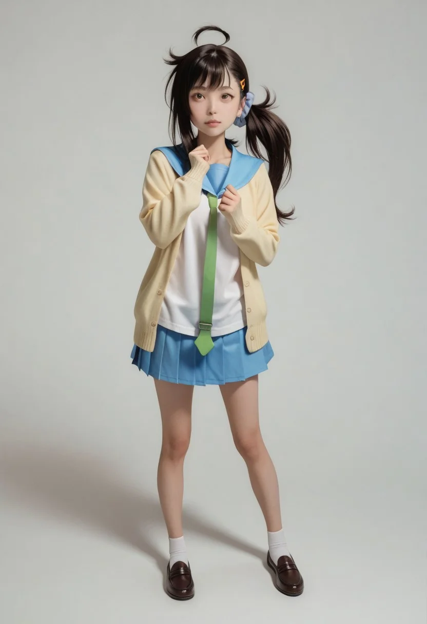 Score_8_up, score_7_up, Score_9,1girl, deraharu, ahoge, side ponytail, hair scrunchie, hairclip, short hair,blue sailor collar, school uniform, yellow cardigan, open cardigan, necktie, blue pleated skirt,full body, standing