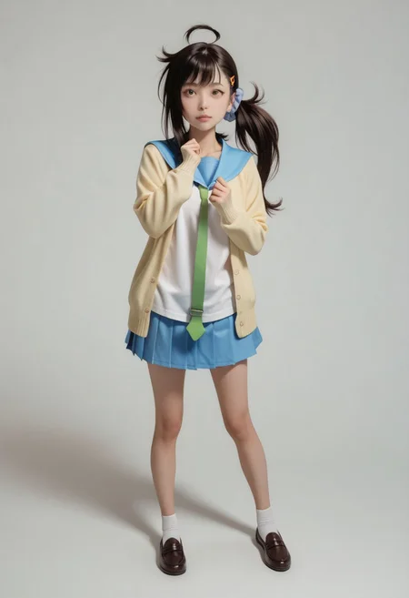 Score_8_up, score_7_up, Score_9,1girl, deraharu, ahoge, side ponytail, hair scrunchie, hairclip, short hair,blue sailor collar, school uniform, yellow cardigan, open cardigan, necktie, blue pleated skirt,full body, standing