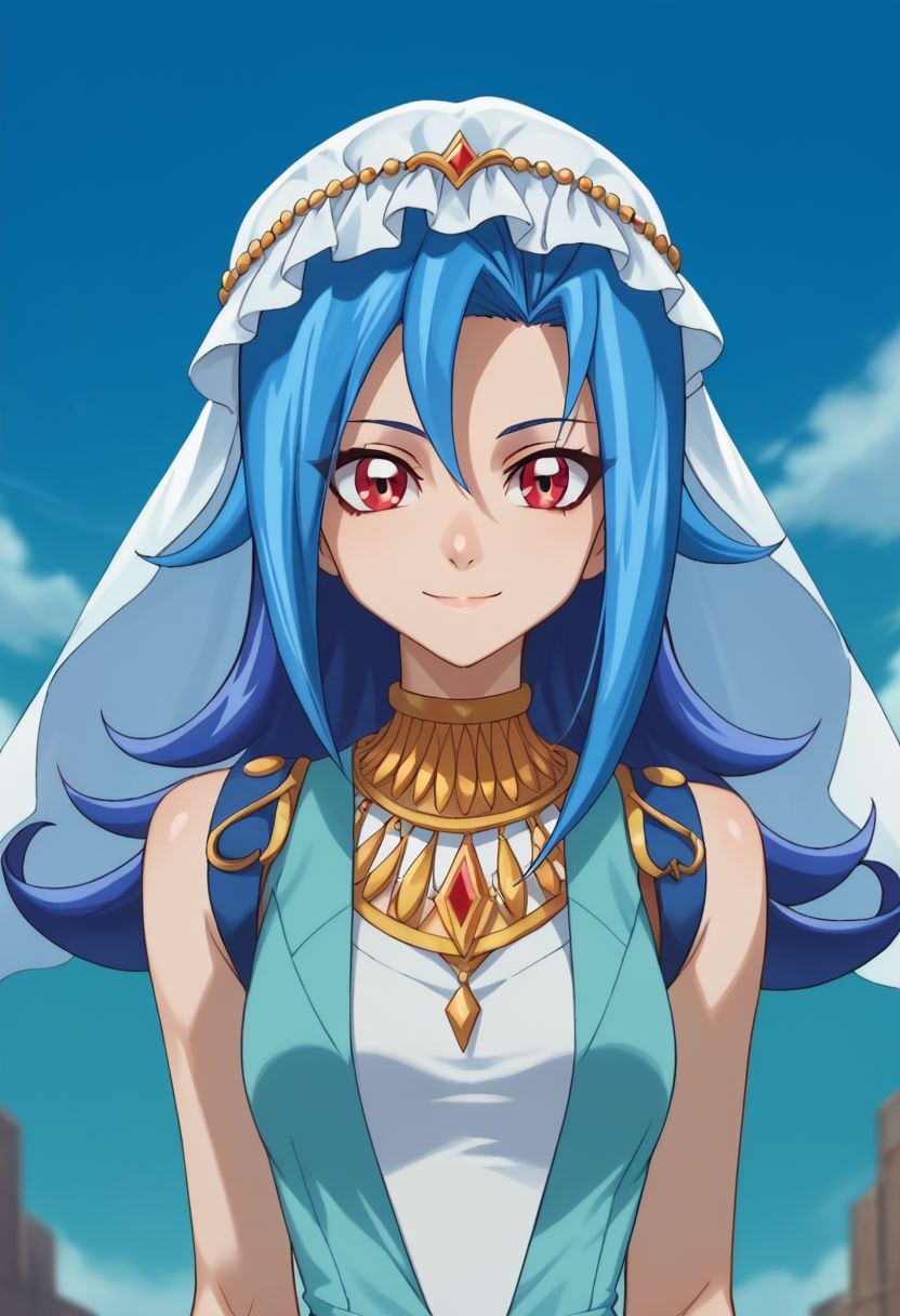 score_9, score_8_up, score_7_up, source_anime, highly detailed, 
rio, 1girl, solo, blue hair, long hair, red eyes, jewelry, smile, looking at viewer, veil, necklace, vest, multicolored hair, dyed bangs,
outdoor,