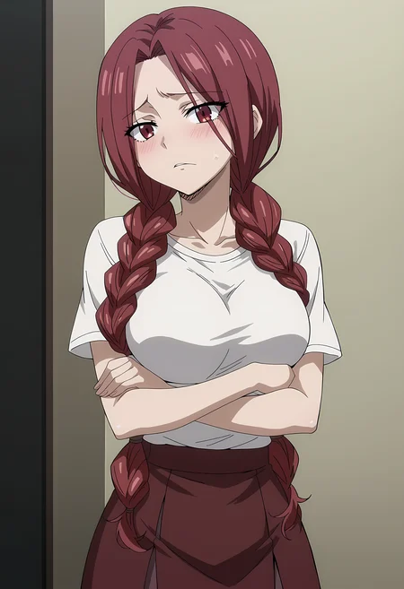 score_9, score_8_up, score_7_up, source_anime, 2d, Flare Corona, 1girl, dark red hair, long hair, twintails, red eyes, big breasts, anime coloring, anime screencap, detailed eyes, zPDXL, perfect faces, uncensored, rating_explicit, <lora:flare_corona_0:1>, white t-shirt, red skirt, hands under breasts,
