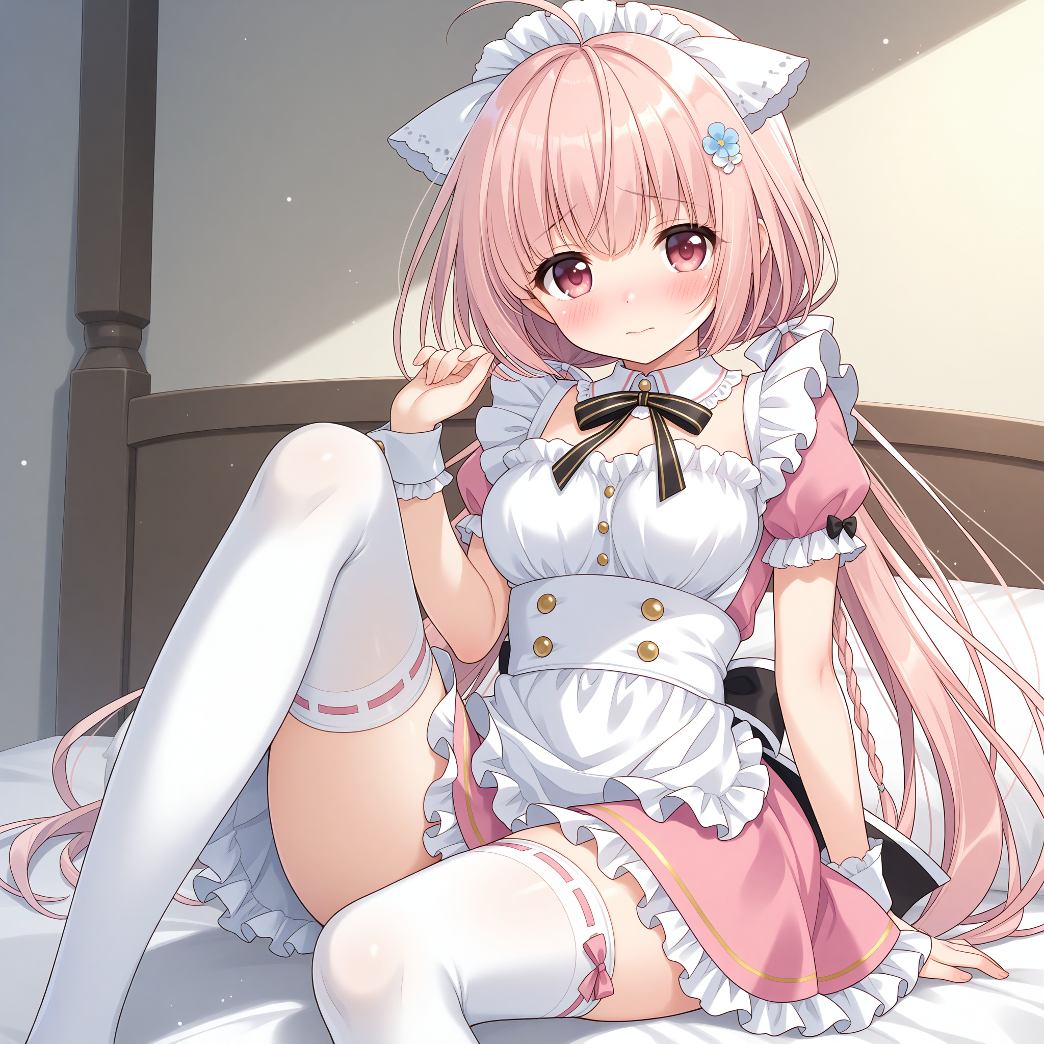 <lora:Haru_karehana_1_nai-000036:1>,Haru \(karehana\),low twintails,
side braid,hair flower,hair bow,white bow,maid,maid headdress,back bow,black bow,pink skirt,frilled skirt,yellow-trimmed skirt,ribbon-trimmed thighhighs,white thighhighs,white frills,maid apron,white apron,frilled apron,puffy short sleeves,frilled sleeves,wrist cuffs,
BREAK
1girl,solo,sitting,on bed,looking at viewer,shy,blush,knee up,