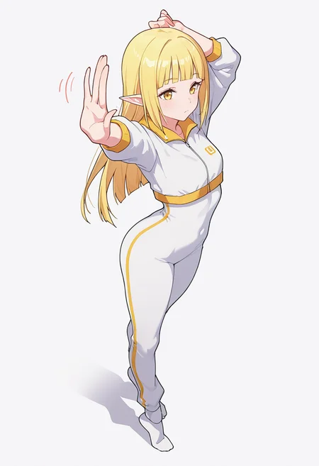 Smooth Quality,masterpiece,very intricate, high quality details, ultra realistic, high detailed skin,detailed enviorement,absurdres,
stop (gesture),solo,
<lora:Rune_Noma_CNR:0.8> rune_cnr, pointy ears, blonde hair, long hair, yellow eyes, blunt bangs, elf,, simple background, white background, from above,
stretching pose, arms raised above head, one foot on tiptoe, slight back arch, elegant silhouette, ,, =v=,, unitard, ,windbreaker, ,harem pants, ,