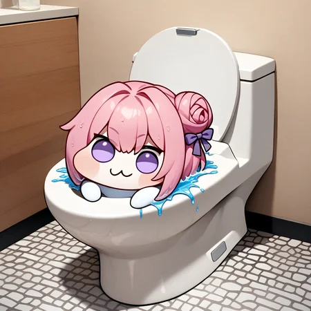 <lora:doro_xypher_amxl_v1:0.8> solo, doro, :3, chibi, solid circle eyes, no humans, white skin, creature
, pink hair, purple eyes, single side bun, hair bow
, bathroom, toilet bowl, wet, splashing, peeking out, messy
, masterpiece, best quality