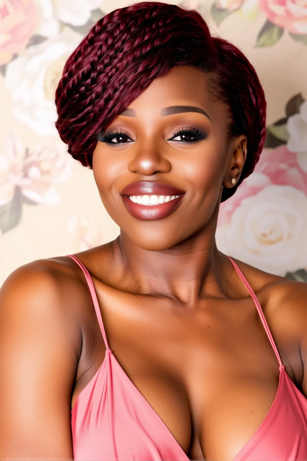Sh433n4, an African woman with deep brown skin,
soft cinematic lighting, shallow depth of field, ultra-realistic detail
she has her her styled with microbraids, in deep cherry red
her makeup is soft glam with eyeliner and defined brows
she wears a flowy silk top in soft pink, slightly off-shoulder or stylish neckline visible
her expression is smiling, toothy smile, her posture relaxed, shoulders back, chest slightly forward, making eye contact timidly
lighting is high-key front light, highlighting skin texture and facial contours
scene background is floral bokeh, fitting a beauty editorial
cinematic skin shading, realistic face and neck details, full chest and shoulder view, 4k ultra photoreal, beauty product ad aesthetics