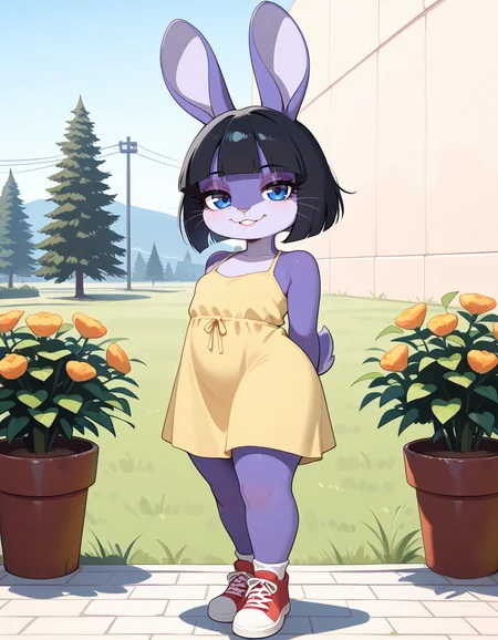 masterpiece, best quality, very aesthetic, absurdres,
outdoors, casual,
full body, posing,
seductive smile, parted lips, long eyelashes,
<lora:Marlenne_v02_NAIXL:1>
m4rl3nn3,1girl,solo,furry,furry female,rabbit girl,black hair,short hair,blunt bangs,rabbit ears,blue eyes,animal nose,whiskers,body fur,purple fur,rabbit tail,