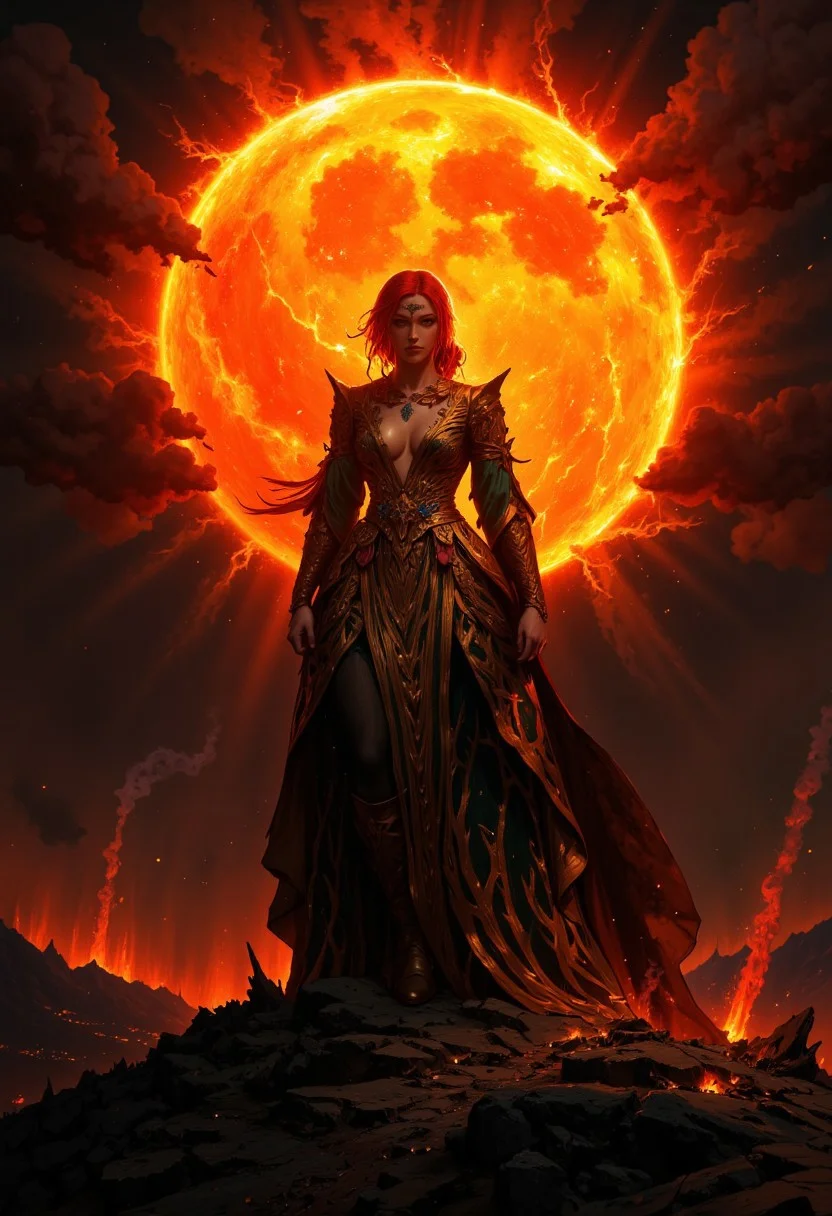 TrissMA, Highly detailed and dramatic digital artwork featuring a female standing against a dramatic backdrop of a fiery, glowing sun. The girl is dressed in dress adorned with patterns that billows in the wind, exuding a sense of mystery. A red hair, blending with the swirling flames and smoke. The sun, positioned directly behind the girl, casts an intense, radiant light, creating a halo effect. The sky is filled with dark, ominous clouds, enhancing the dramatic and otherworldly atmosphere. The ground is rocky and charred, suggesting a volcanic or apocalyptic setting. The overall composition is centered, with the figure dominating the foreground, while the vibrant, fiery sun provides a striking contrast to the dark tones of the girl and landscape.