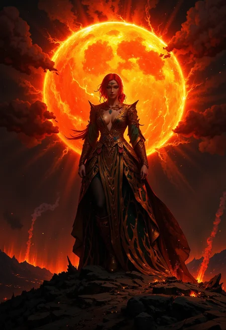 TrissMA, Highly detailed and dramatic digital artwork featuring a female standing against a dramatic backdrop of a fiery, glowing sun. The girl is dressed in dress adorned with patterns that billows in the wind, exuding a sense of mystery. A red hair, blending with the swirling flames and smoke. The sun, positioned directly behind the girl, casts an intense, radiant light, creating a halo effect. The sky is filled with dark, ominous clouds, enhancing the dramatic and otherworldly atmosphere. The ground is rocky and charred, suggesting a volcanic or apocalyptic setting. The overall composition is centered, with the figure dominating the foreground, while the vibrant, fiery sun provides a striking contrast to the dark tones of the girl and landscape.