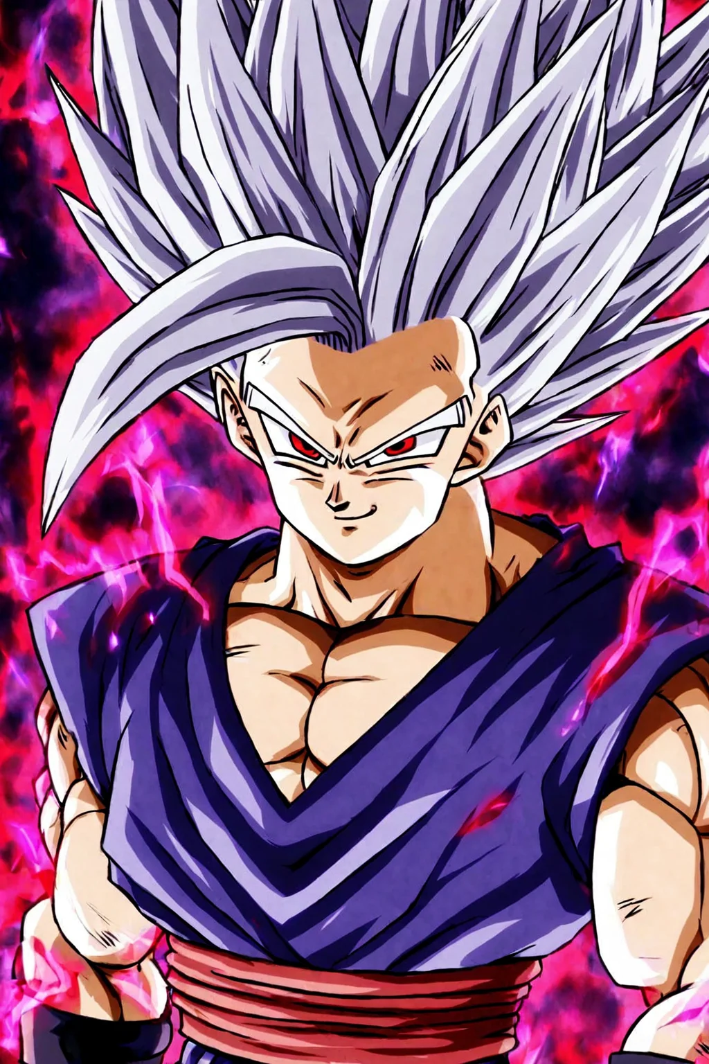 <lora:Gohan_Beast_pony:1> gohan_beast, male focus, 1boy, solo, spiked hair, muscular, red eyes, dougi, grey hair, muscular male, aura, smile