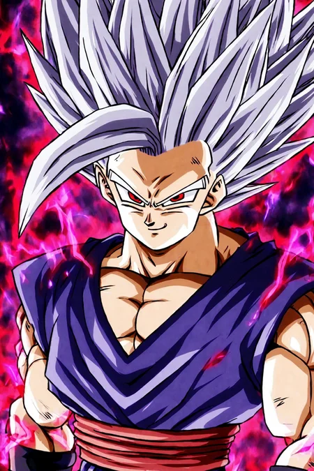 <lora:Gohan_Beast_pony:1> gohan_beast, male focus, 1boy, solo, spiked hair, muscular, red eyes, dougi, grey hair, muscular male, aura, smile